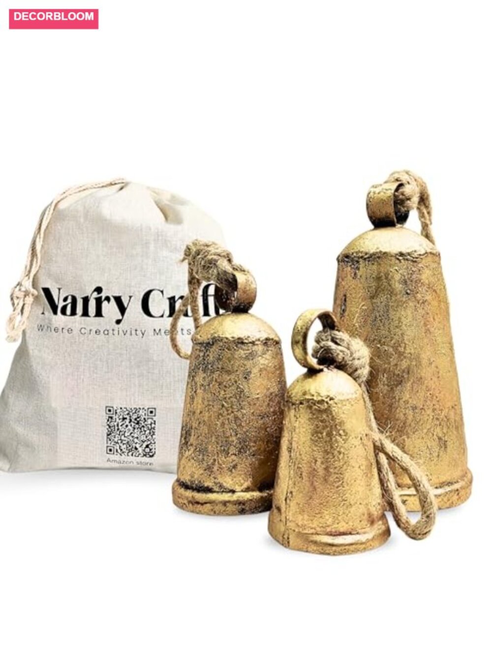 Handcrafted Rustic Bells with Jute Rope Set of 3 Home Decor